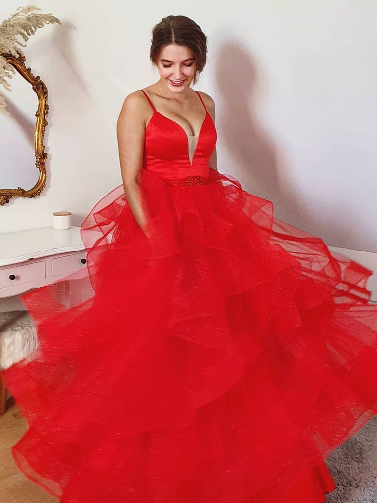 Shiny V Neck Open Back Puffy Red Tulle Long Prom Dresses, Red Tulle Fo –  Shiny Party